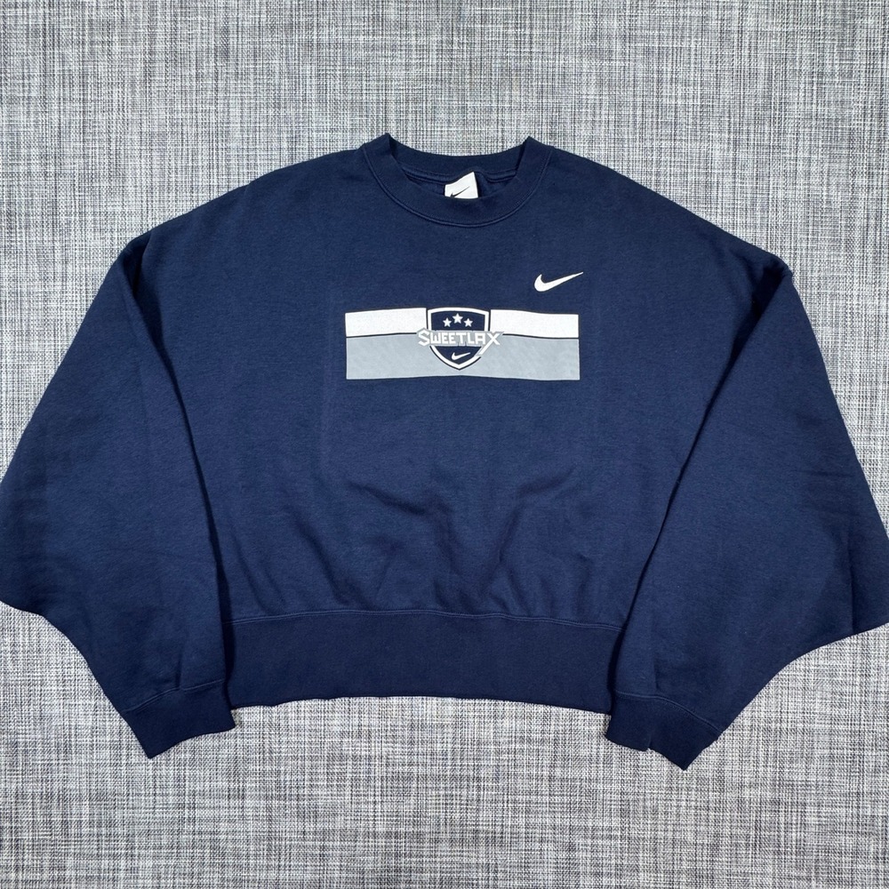 Nike Womens Large Sweetlax Cropped Crewneck Sweatshirt Navy Cotton Blend Fleece